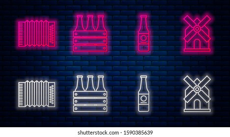 Set line Pack of beer bottles, Beer bottle, Musical instrument accordion and Windmill. Glowing neon icon on brick wall. Vector