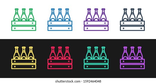Set line Pack of beer bottles icon isolated on black and white background. Wooden box and beer bottles. Case crate beer box sign.  Vector Illustration