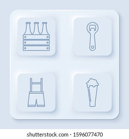 Set line Pack of beer bottles, Bottle opener, Lederhosen and Glass of beer. White square button. Vector