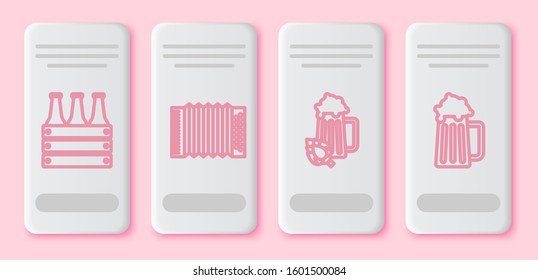 Set line Pack of beer bottles, Musical instrument accordion, Glass of beer and hop and Wooden beer mug. White rectangle button. Vector