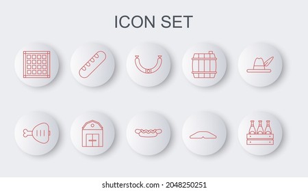 Set line Pack of beer bottles, Chicken leg, Sausage, Homemade pie, Checkered napkin, French baguette bread, Farm House and Hotdog sandwich icon. Vector