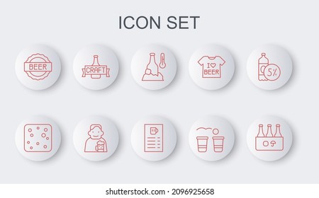 Set line Pack of beer bottles, Beer bubbles, Cold, pong game, Bottle cap with, Happy man and menu icon. Vector