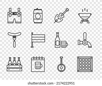 Set-Paket mit Bierflaschen, Karrer Serviette, Violine, St. Patricks Tageskalender, Lederhosen, Landesflagge, Banjo und Bierhahn Symbol. Vektorgrafik