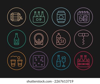 Set line Pack of beer bottles, Wine corkscrew, Beer can, Wooden barrel on rack,  and  icon. Vector