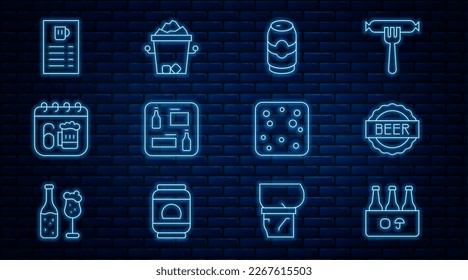 Set line Pack of beer bottles, Bottle cap with, Beer can, menu, Saint Patricks day calendar, bubbles and Ice bucket icon. Vector