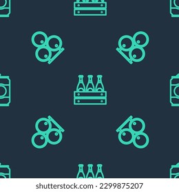 Set line Pack of beer bottles, Wooden barrels and Beer can on seamless pattern. Vector