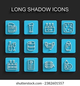 Set line Pack of beer bottles, Beer menu, Wooden mug, barrel on rack, Metal keg, can with foam and helmet icon. Vector