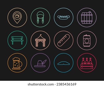 Set line Pack of beer bottles, Beer can, Hotdog sandwich, Camping tent, Bench, Alcohol or bar location, French baguette bread and Braid icon. Vector