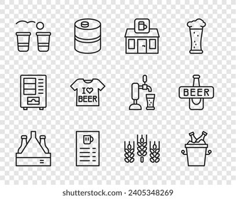 Set line Pack of beer bottles, Beer in ice bucket, Store building shop, menu, pong game, T-shirt, Wheat and  icon. Vector