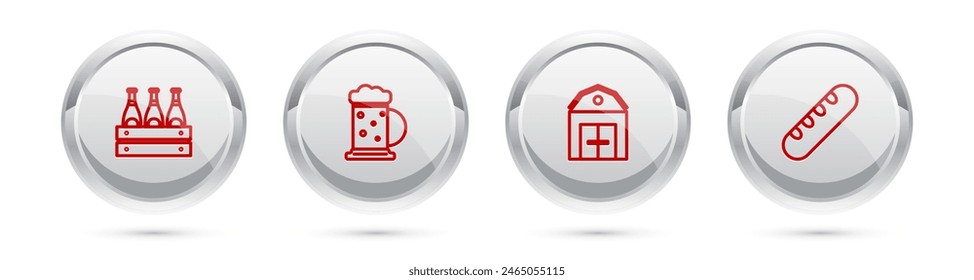 Set line Pack of beer bottles, Wooden mug, Farm House and French baguette bread. Silver circle button. Vector