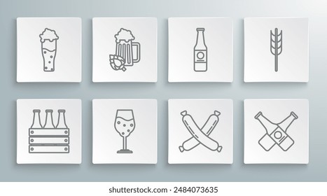 Set line Pack of beer bottles, Glass and hop, Crossed sausage, Beer, Cereals set with rice, wheat, corn, oats, rye, barley and  icon. Vector