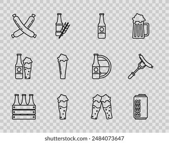 Set line Pack of beer bottles, Beer can, Glass, Crossed sausage,  and Sausage on the fork icon. Vector