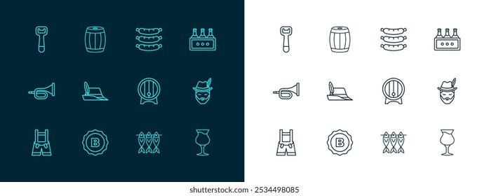 Set line Pack of beer bottles, Bottle cap, Wooden barrel on rack, Dried fish, Oktoberfest hat, Sausage, opener and  icon. Vector