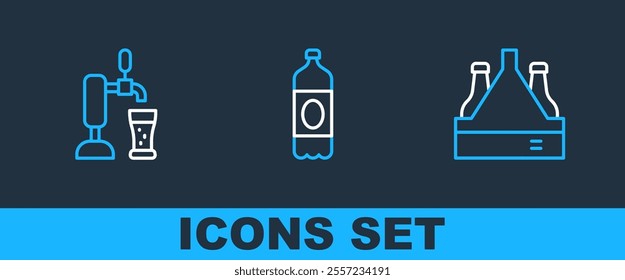 Set line Pack of beer bottles, Beer tap with glass and Plastic icon. Vector