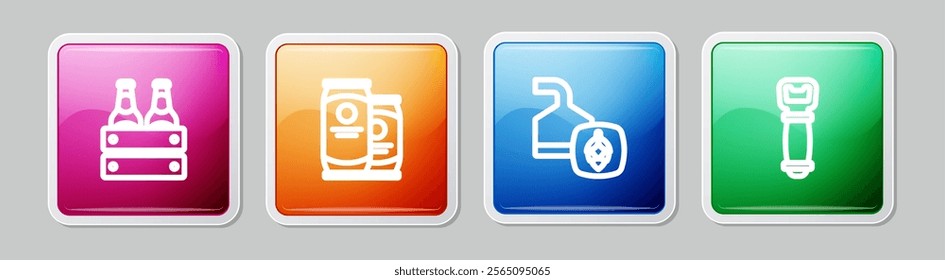 Set line Pack of beer bottles, Beer can, brewing process and Bottle opener. Colorful square button. Vector