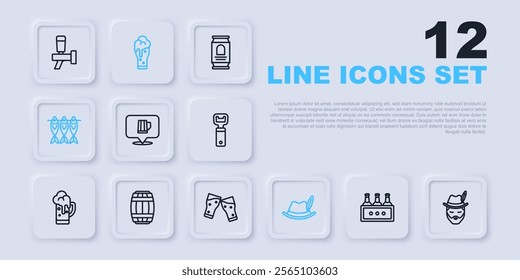 Set line Pack of beer bottles, Oktoberfest man, Wooden mug, hat, Dried fish, barrel, Glass and  icon. Vector