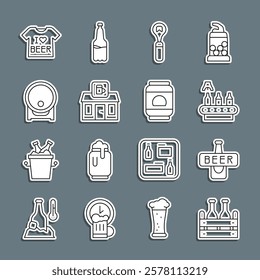 Set line Pack of beer bottles, Beer, Conveyor band,, Bottle opener, Store building shop, Wooden barrel rack, T-shirt and can icon. Vector