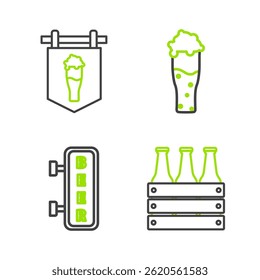 Set Linie Pack von Bierflaschen, Straßenschild mit Inschrift Bier, Glas und Glas Symbol. Vektorgrafik