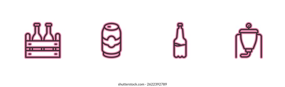 Set line Pack of beer bottles, Plastic, Beer can and brewing process icon. Vector