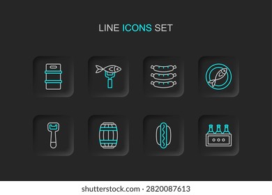 Set line Pack of beer bottles, Hotdog sandwich, Wooden barrel, Bottle opener, Dried fish, Sausage,  and Metal keg icon. Vector