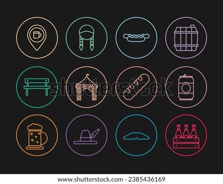 Set line Pack of beer bottles, Beer can, Hotdog sandwich, Camping tent, Bench, Alcohol or bar location, French baguette bread and Braid icon. Vector
