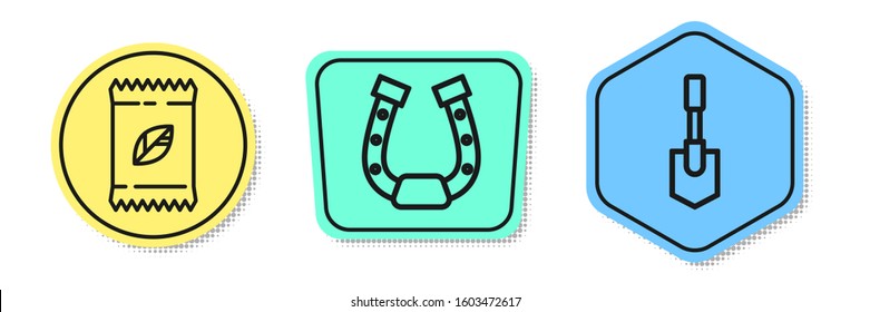 Set line A pack full of seeds of a specific plant, Horseshoe and Shovel. Colored shapes. Vector