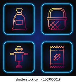 Set line A pack full of seeds of a specific plant, Scarecrow, Bag of flour and Shopping basket. Gradient color icons. Vector