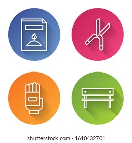 Set line A pack full of seeds of a specific plant, Gardening handmade scissors, Garden gloves and Bench. Color circle button. Vector