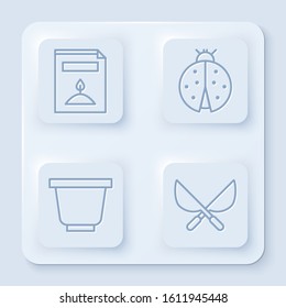Set line A pack full of seeds of a specific plant, Ladybug, Flower pot and Gardening handmade scissors. White square button. Vector