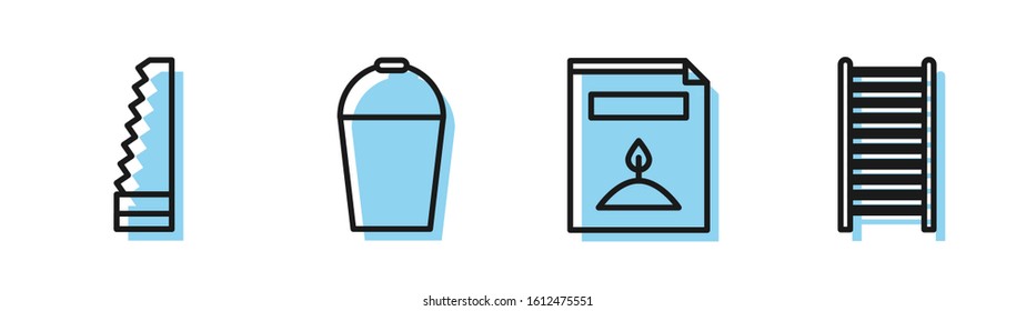 Set line A pack full of seeds of a specific plant, Garden saw, Bucket and Wooden staircase icon. Vector