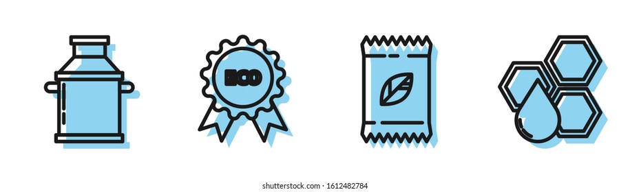 Set line A pack full of seeds of a specific plant, Can container for milk, Banner, label, tag, logo for eco and Honeycomb icon. Vector