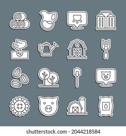 Set line Pack full of seeds of plant, Pig, Garden rake, Udder, Watering can, Seeds, Roll hay and Farm house icon. Vector