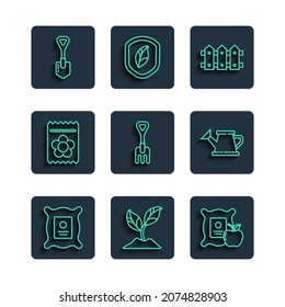 Set line Pack full of seeds of plant, Plant, Apple in the sack, Garden fence wooden, rake, Shovel and Watering can icon. Vector