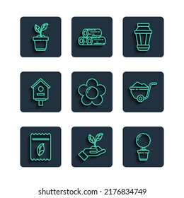 Set line Pack full of seeds of plant, Plant in hand environmental, Flower pot, Garden light lamp, Bird house,  and Wheelbarrow with dirt icon. Vector