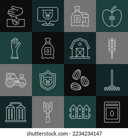 Set line Pack full of seeds of plant, Garden rake, Wheat, Rubber gloves, Seeds and Farm house icon. Vector