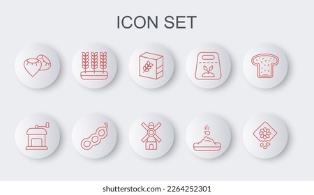 Set line Pack full of seeds of plant, Manual coffee grinder, Flour pack, Seed, Wheat, Green peas and Windmill icon. Vector