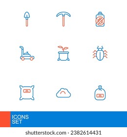 Set line Pack full of seeds, Cloudy weather, Colorado beetle, Lawn mower, Plant in pot, Spray against insects and Pickaxe icon. Vector