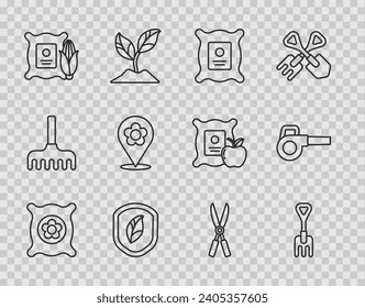 Set line Pack full of seeds of plant, Garden rake, Shield with leaf, Corn in the sack, Location flower, Gardening handmade scissors and Leaf garden blower icon. Vector