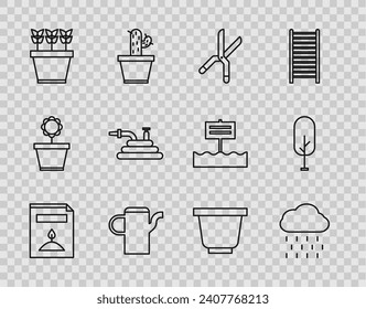 Set line A pack full of seeds of a specific plant, Cloud with rain, Gardening handmade scissors, Watering can, Plants pot, hose fire hose, Flower and Tree icon. Vector