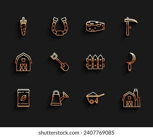 Set line A pack full of seeds of a specific plant, Watering can, Carrot, Wheelbarrow with dirt, Farm House concept, Shovel, Sickle and Garden fence wooden icon. Vector