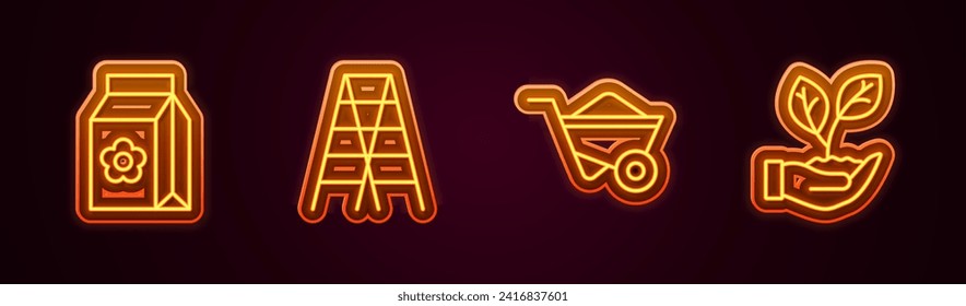 Set line Pack full of seeds, Wooden staircase, Wheelbarrow and Leaf in hand. Glowing neon icon. Vector