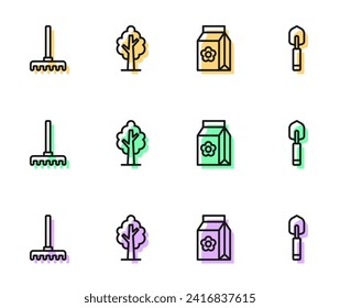 Set line Pack full of seeds, Garden rake, Tree and trowel spade or shovel icon. Vector