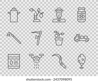 Set line Pack full of seeds of plant, Tree with apple, Scarecrow, Smart farm drone, Can container for milk, Scythe, Sickle and Pickup truck icon. Vector