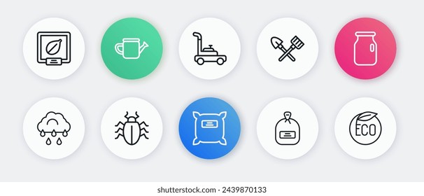 Set line Pack full of seeds, Glass jar with screw-cap, Cloud rain, Shovel and rake, Lawn mower, Eco healthy food and Colorado beetle icon. Vector