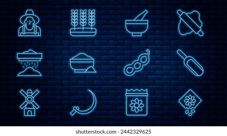 Set line Pack full of seeds of plant, Scoop flour, Mortar and pestle, Flour bowl, Sifting, Farmer the hat, Green peas and Wheat icon. Vector