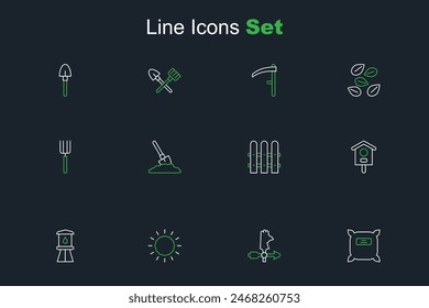 Set line Pack full of seeds, Rooster weather vane, Sun, Water tower, Bird house, Garden fence wooden, Shovel in ground and pitchfork icon. Vector