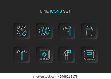 Set line Pack full of seeds, Garden hose, Colorado beetle, Pickaxe, Bucket, Scythe, Fruit trees and Apple icon. Vector