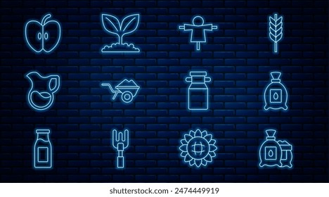 Set line Pack full of seeds of plant, Scarecrow, Wheelbarrow with dirt, Jug glass milk, Apple, Can container for and Plant icon. Vector