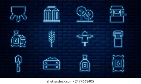 Set line Pack full of seeds of plant, Can container for milk, Tree, Wheat, Udder, Scarecrow and Granary icon. Vector