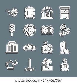 Set line Pack full of seeds of plant, Waterproof rubber boot, Seeds, Farm house, Sunflower, Wheat, Wheelbarrow with dirt and Garden fence wooden icon. Vector